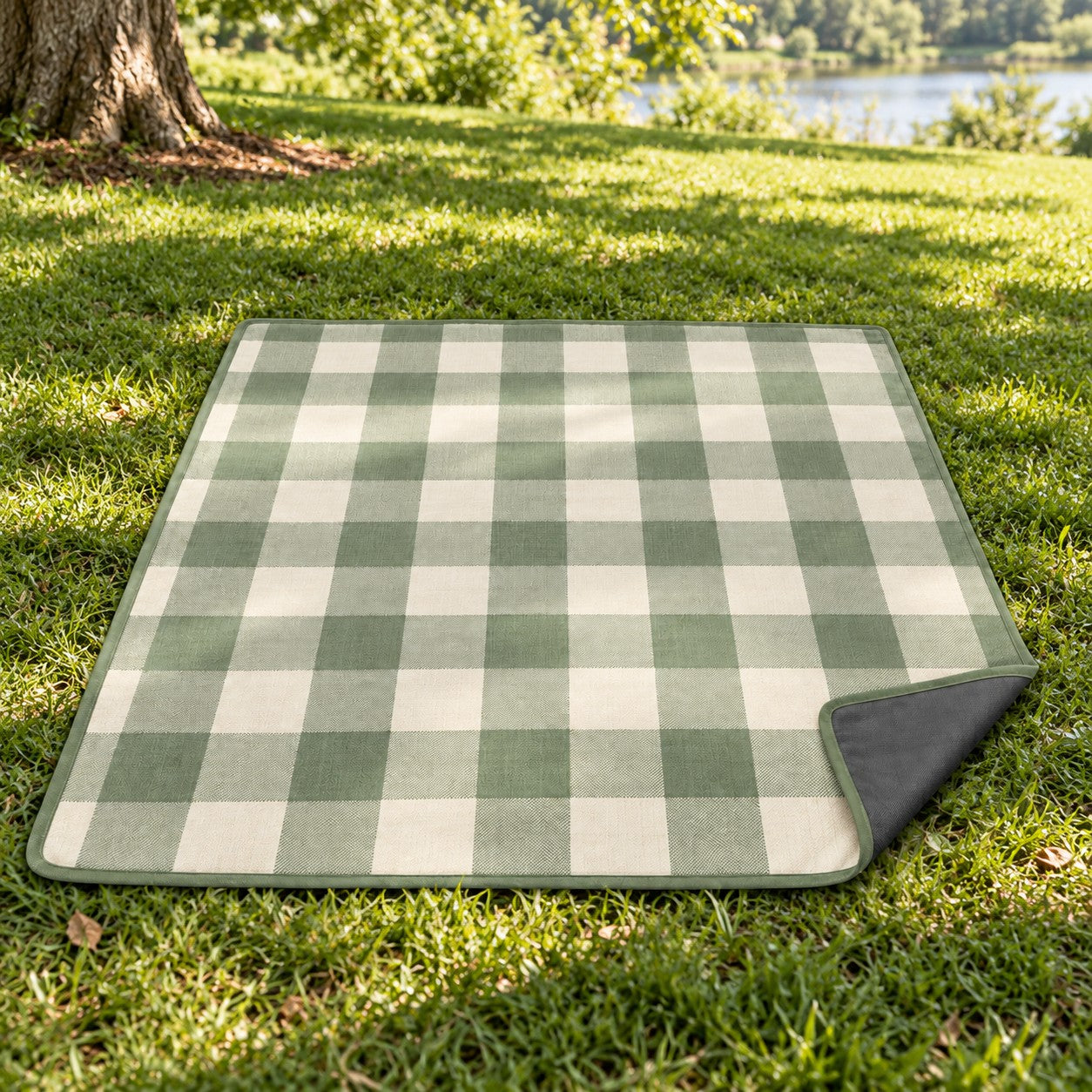 Sage gingham picnic mat on a grassy lawn beside a lake